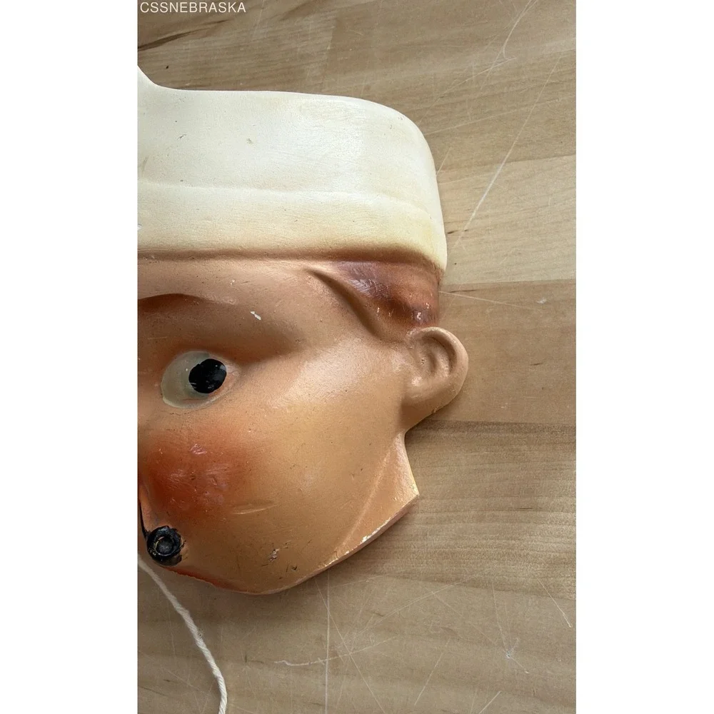 Vintage Chalkware Chef Head String Dispenser Wall Plaque Kitchen Decor 6 Inch